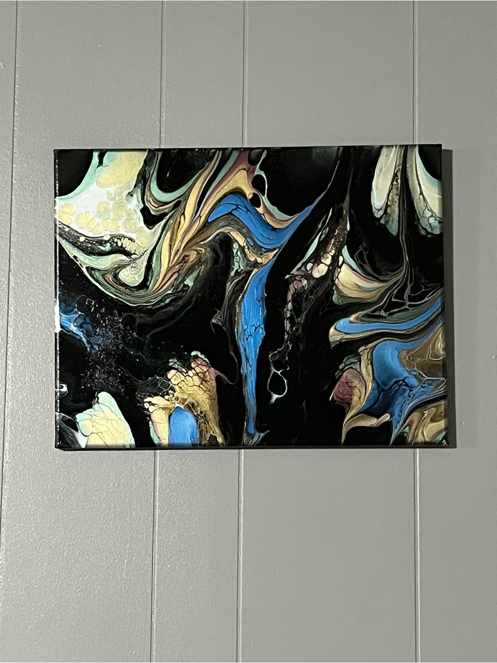 Modern Abstract Fluid Canvas in Black, Blue & Gold